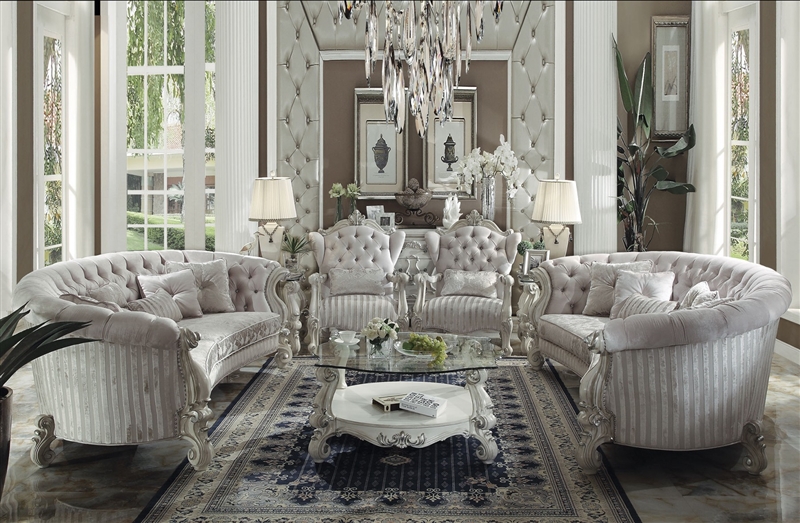 Versailles Round Glass Top Coffee Table in Bone White Finish by