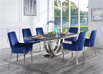 Cambrie 7 Piece Dining Set in Blue Velvet and Mirrored Silver by Acme - 00221
