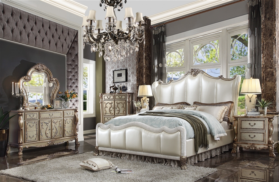 Dresden Ii 6 Piece Bedroom Set In Pearl, White And Gold Nightstand Dresser Set