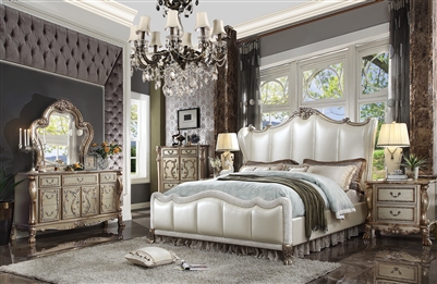Dresden II 6 Piece Bedroom Set in Pearl White PU & Gold Patina Finish by Acme - 27820