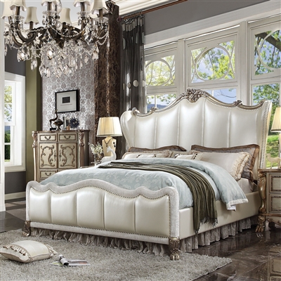 Dresden II Bed in Pearl White PU & Gold Patina Finish by Acme - 27820Q
`