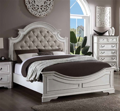 Florian Bed in Beige PU & Antique White Finish by Acme - 28720Q