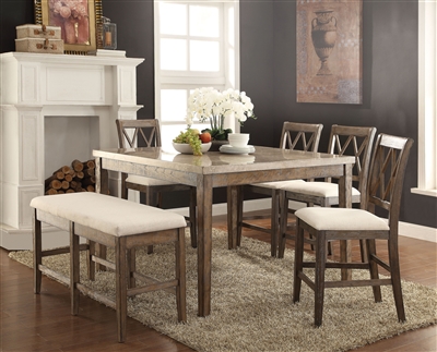 Claudia 7 Piece Counter Height Dining Set in White Marble & Salvage Brown Finish by Acme - 71720