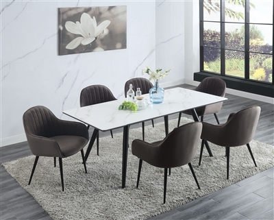 Caspian 7 Piece Dining Room Set in Dark Gray Fabric, White Printed Faux Marble & Black Finish by Acme - 74010