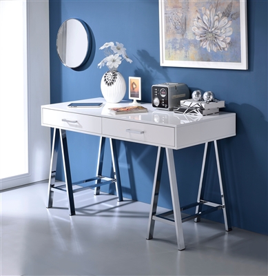 Coleen Executive Home Office Desk in White High Gloss & Chrome Finish by Acme - 92229