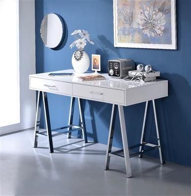 Coleen Executive Home Office Desk in White High Gloss & Chrome Finish by Acme - 93047