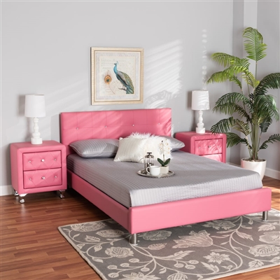 Barbara 3-Piece Bedroom Set in Pink Faux Leather Finish by Baxton Studio - BAX-BBT6140-Full-Pink-3PC