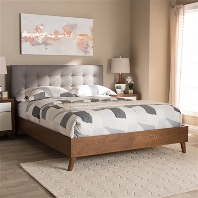 Alinia Platform Bed in Grey Fabric and Walnut Finish by Baxton Studio - BAX-BBT6557-Queen-Grey