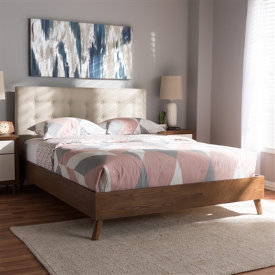 Alinia Platform Bed in Light Beige Fabric and Walnut Finish by Baxton Studio - BAX-BBT6557-Queen-Light Beige