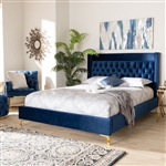 Valery Platform Bed in Navy Blue Velvet Fabric Finish by Baxton Studio - BAX-BBT6740-Navy Blue-Queen