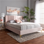 Saverio Platform Bed in Light Pink Velvet Fabric Finish by Baxton Studio - BAX-BBT6765-Light Pink-Queen