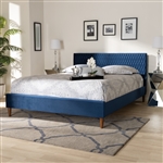 Frida Bed in Royal Blue Velvet Fabric Finish by Baxton Studio - BAX-BBT6830-Navy Blue/Walnut-Queen