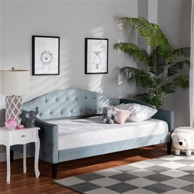 Benjamin Daybed in Light Blue Velvet Fabric and Dark Brown Finish by Baxton Studio - BAX-Benjamin-Light Blue Velvet-Daybed-Full