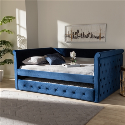 Amaya Daybed with Trundle in Navy Blue Velvet Fabric Finish by Baxton Studio - BAX-CF8825-Navy Blue-Daybed-Q/T
