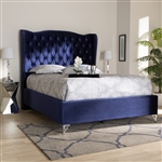 Hanne Wingback Bed in Purple Blue Velvet Fabric Finish by Baxton Studio - BAX-CF8948-Navy Blue-Queen