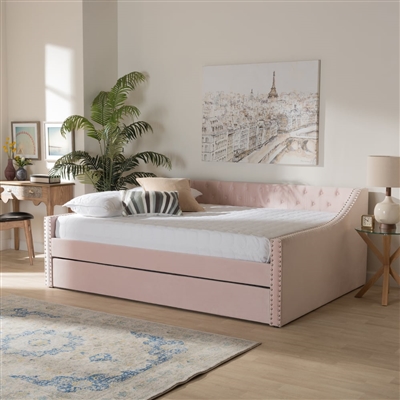 Raphael Daybed with Trundle in Pink Velvet Fabric Finish by Baxton Studio - BAX-CF9228-Pink Velvet-Daybed-Q/T