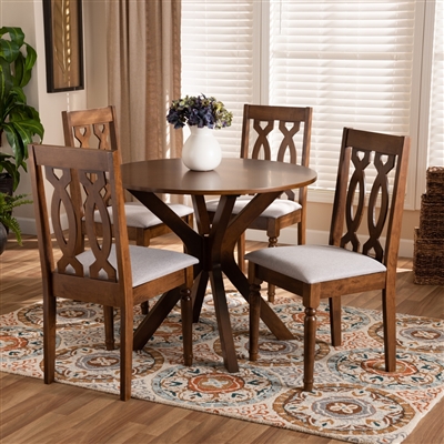 Callie 5 Piece Round Table Dining Room Set in Grey Fabric and Walnut Brown Finish by Baxton Studio - BAX-Callie-Grey/Walnut-5PC