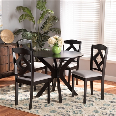 Carlin 5 Piece Round Table Dining Room Set in Grey Fabric and Dark Brown Finish by Baxton Studio - BAX-Carlin-Grey/Dark Brown-5PC