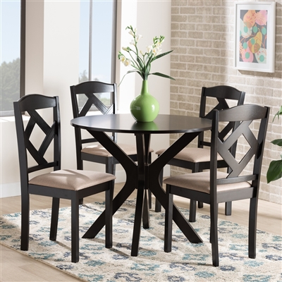Carlin 5 Piece Round Table Dining Room Set in Sand Fabric and Dark Brown Finish by Baxton Studio - BAX-Carlin-Sand/Dark Brown-5PC