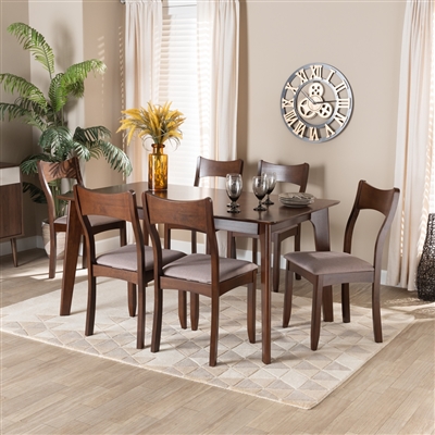 Adreana 7 Piece Dining Room Set in Warm Grey Fabric and Dark Brown Finish by Baxton Studio - BAX-Dominica-Grey/Cappuccino-7PC