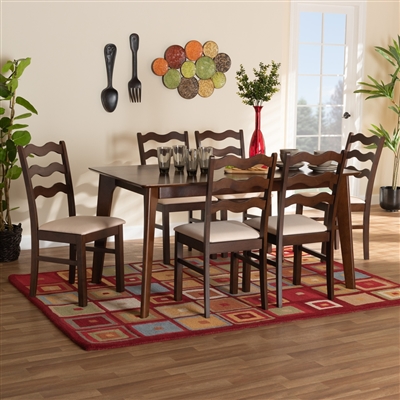 Amara 7 Piece Dining Room Set in Cream Fabric and Dark Brown Finish by Baxton Studio - BAX-Dorothea-Beige/Cappuccino-7PC