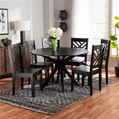 Ela 7 Piece Round Table Dining Room Set in Dark Brown Finish by Baxton Studio - BAX-Ela-Dark Brown-7PC