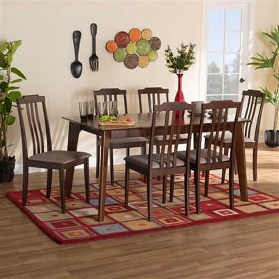 Clarissa 7 Piece Dining Room Set in Warm Grey Fabric and Dark Brown Finish by Baxton Studio - BAX-Hermia-Grey/Cappuccino-7PC