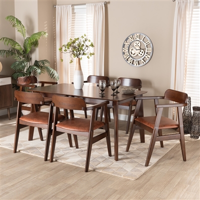 Cleo 7 Piece Dining Room Set in Light Brown Fabric and Dark Brown Finish by Baxton Studio - BAX-Heva-Light Brown/Cappuccino-7PC