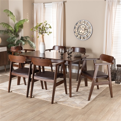 Cleo 7 Piece Dining Room Set in Espresso Fabric and Dark Brown Finish by Baxton Studio - BAX-Hortencia-Dark Brown/Cappuccino-7PC