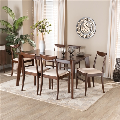 Delphina 7 Piece Dining Room Set in Cream Fabric and Dark Brown Finish by Baxton Studio - BAX-Julissa-Beige/Cappuccino-7PC