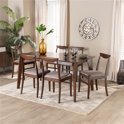 Delphina 7 Piece Dining Room Set in Warm Grey Fabric and Dark Brown Finish by Baxton Studio - BAX-Karina-Grey/Cappuccino-7PC