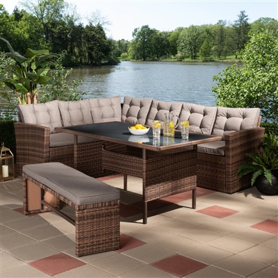 Angela Modern and Contemporary 4-Piece Grey Fabric and Brown Woven Rattan Outdoor Patio Set by Baxton Studio - BAX-MLM-210339-Light Grey