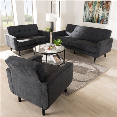 Carina Mid-Century Modern Dark Grey 3-Piece Living Room Set by Baxton Studio - BAX-R2017-Dark Grey-3PC-Set