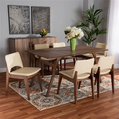 Afton 7 Piece Dining Room Set in Beige Faux Leather and Walnut Brown Finish by Baxton Studio - BAX-RDC827-Beige/Walnut-7PC