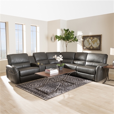 Amaris Modern and Contemporary Grey Bonded Leather 5-Piece Power Reclining Sectional by Baxton Studio - BAX-RX033A-Grey-SF
