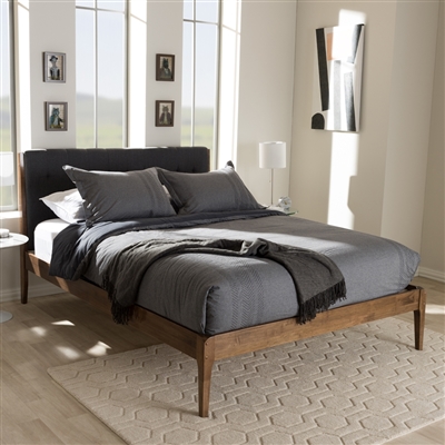 Clifford Platform Bed in Dark Grey Fabric and Medium Brown Finish by Baxton Studio - BAX-SW8065-Grey/Walnut-M7-Queen