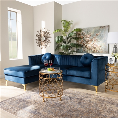 Giselle Glam and Luxe Navy Blue Velvet Sectional with Left Facing Chaise by Baxton Studio - BAX-TSF-6636-Navy Blue/Gold-LFC