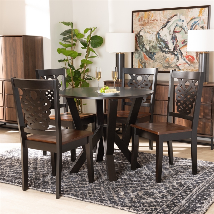Valda 5 Piece Round Table Dining Room Set in Dark Brown and Walnut ...