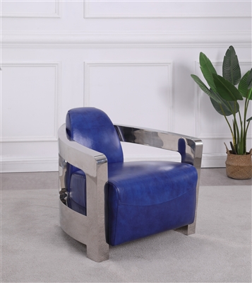 2099-ACC Accent Chair in Blue Leather/Polished SS Finish by Chintaly - CHI-2099-ACC-BLU