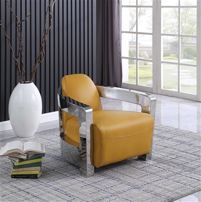 2099-ACC Accent Chair in Mustard Leather/Polished SS Finish by Chintaly - CHI-2099-ACC-MUS