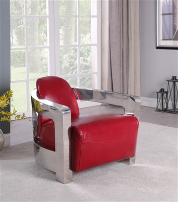 2099-ACC Accent Chair in Red Leather/Polished SS Finish by Chintaly - CHI-2099-ACC-RED
