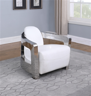 2099-ACC Accent Chair in White Leather/Polished SS Finish by Chintaly - CHI-2099-ACC-WHT