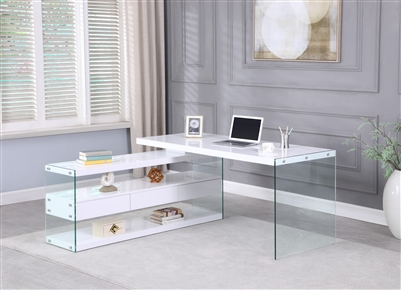 63" Rotatable Wooden Computer Desk in Clear/Gloss White Finish by Chintaly - CHI-6902-DSK