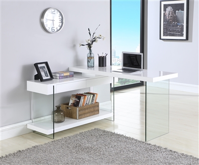 53" Modern Rotatable Glass & Wooden Computer Desk in Gloss White / Clear Finish by Chintaly - CHI-6920-DSK