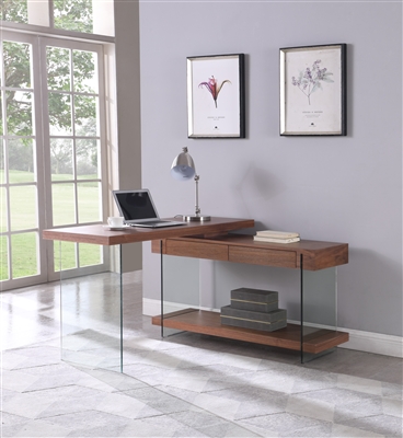 53" Modern Rotatable Glass & Wooden Computer Desk in Walnut/Clear Finish by Chintaly - CHI-6920-DSK-WAL