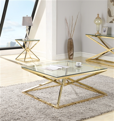 7616-OCC 2 Piece Occasional Table Set in Clear/Gold Plated SS Finish by Chintaly - CHI-7616-OCC-SET