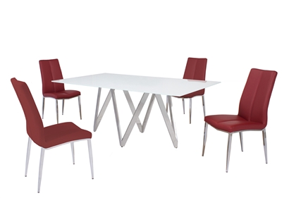 Abigail 5 Piece Dining Room Set with Red PU Chairs by Chintaly - CHI-ABIGAIL-5PC-RED
