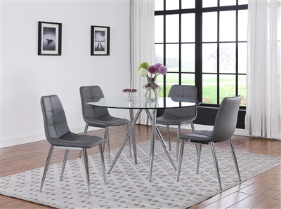 Beatriz 5 Piece Round Dining Room Set in Clear/Chrome/Gray PU Finish by Chintaly - CHI-BEATRIZ-5PC