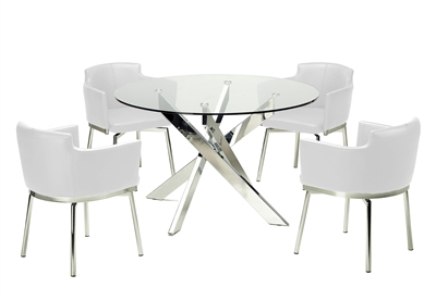 Dusty 5 Piece Round Dining Room Set with White PU Chairs by Chintaly - CHI-DUSTY-5PC-WHT