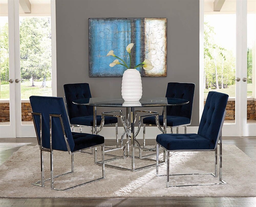 Mischa 5 Piece Dining Set In Silver, 54 Inch Square Glass Dining Table